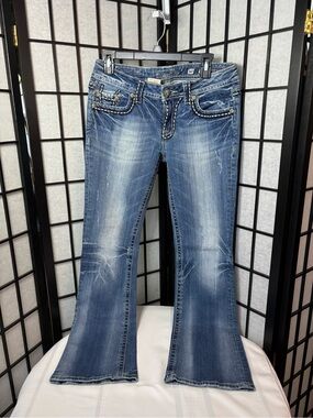 Miss Me Distressed Mid-Blue Flare Jeans with Embellished Pockets - Size 30x32